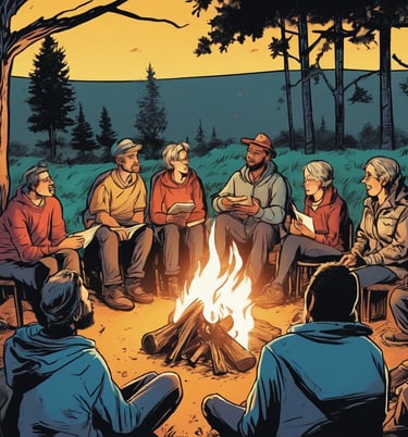 a group of people sitting telling stories around a warm campfire