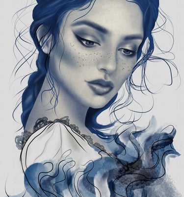 a woman with freckles blue hair and a blue dress