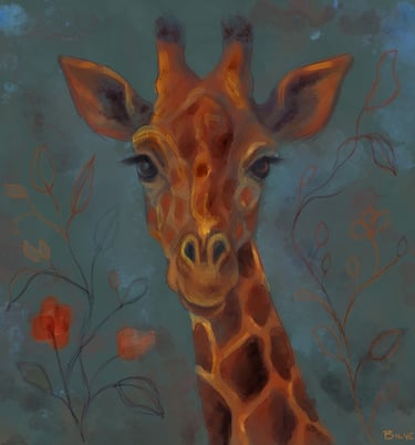 a giraffe with floral background