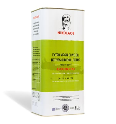 Das Bild zeigt eine 5-Liter-Dose "NIKOLAOS Extra Virgin Olive Oil", sortiert als "Koroneiki" aus Kre