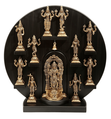 brass god with wooden frame display of various statues