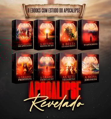 Coleção de 8 ebooks de estudo bíblico sobre o livro de Apocalipse com capas ilustrativas e temas proféticos.