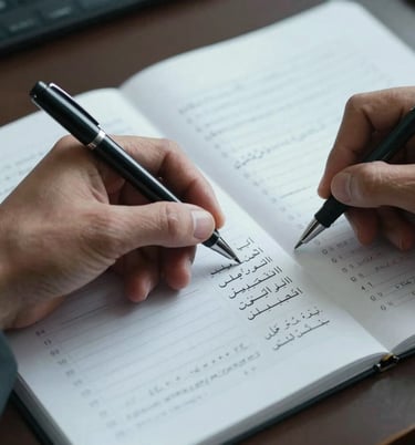 Close-up of hands annotating an Arabic legal document with a fine-tip pen, procedural calendar dates visible on an adjacent sheet, cool task lighting, dark desk surface, sharp focus on the pen tip and Arabic numerals