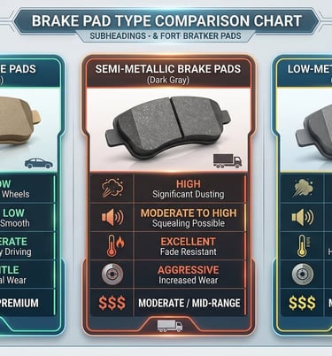 Comparison of ceramic, semi-metallic, and low-metallic brake pads with performance specifications