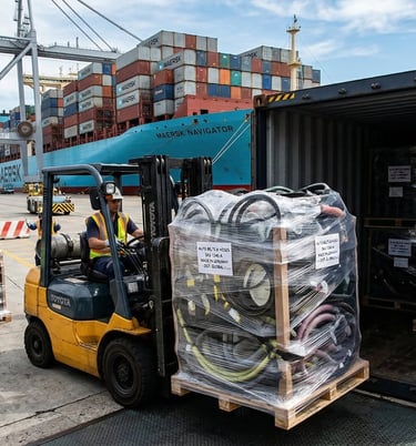 Belt and hose international shipping with container loading and distribution