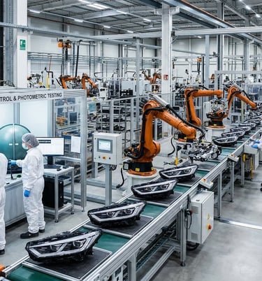 MakexCar automotive lighting manufacturing facility with automated LED assembly lines and quality control