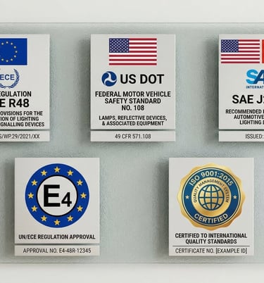 Automotive lighting quality certifications including ECE R48, DOT FMVSS 108, SAE standards, and ISO 9001