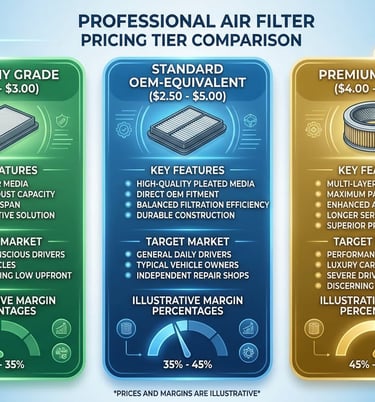 Air filter pricing tiers showing economy, standard, and premium grades with features and wholesale prices