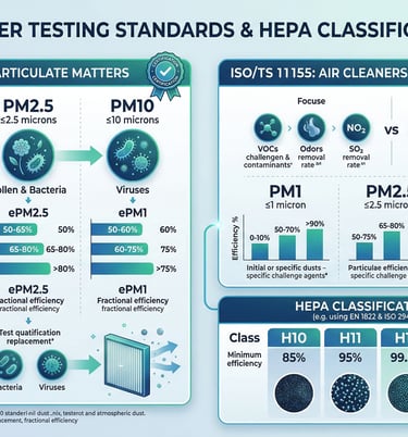 ISO 16890 and ISO/TS 11155 testing standards infographic with PM efficiency ratings