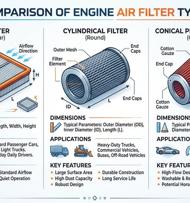 Comparison of three engine air filter types: panel, cylindrical, and conical performance filters with specifications