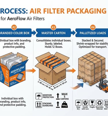 Air filter packaging and shipping logistics showing poly bags, color boxes, master cartons, and container loading