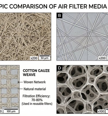 Microscopic view comparing cellulose, synthetic, cotton gauze, and foam air filter media with efficiency ratings