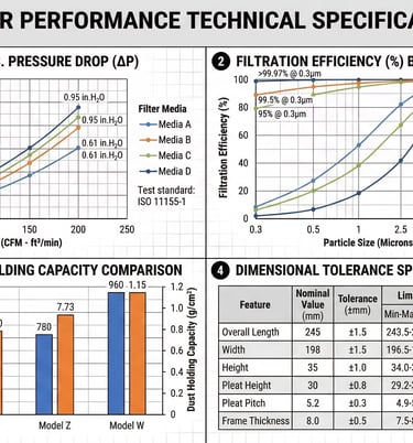 Technical chart showing airflow, pressure drop, and filtration efficiency specifications