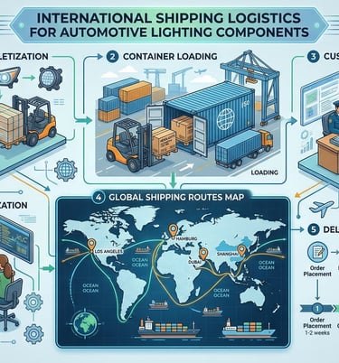 International shipping logistics for automotive lighting showing container loading and global distribution routes