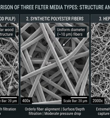 Microscopic view comparing cellulose, synthetic, and HEPA filter media structures