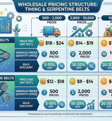Belt wholesale pricing with volume tiers and MOQ for timing and serpentine belts
