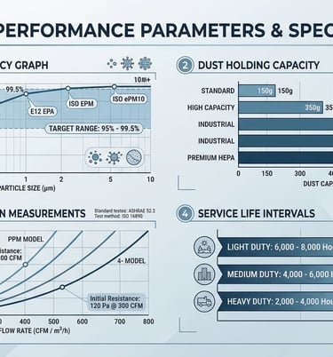 Air filter performance chart displaying filtration efficiency, dust capacity, airflow restriction, and service intervals