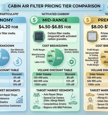 Pricing comparison showing economy, mid-range, and premium cabin filter tiers