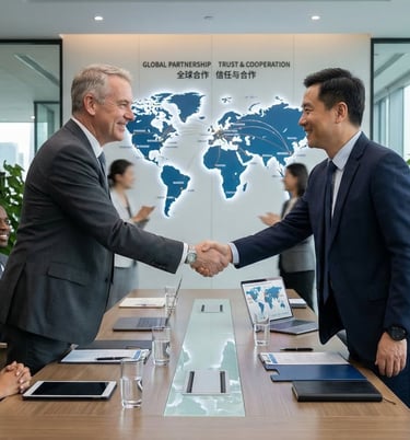 International business partnership handshake Chinese manufacturer distributor global cooperation success