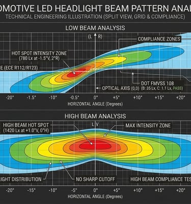 LED headlight beam pattern analysis showing cutoff line, light distribution, and ECE DOT compliance zones
