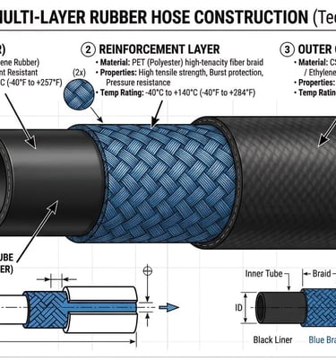 Rubber hose construction with inner tube, reinforcement layer and outer cover