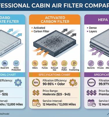 Comparison chart of standard, activated carbon, and HEPA cabin air filters with specifications