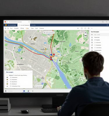 Engineers discussing plans near municipal infrastructure models in an office setting.