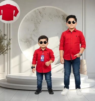 Red Shirt: Vibrant red long-sleeve casual shirt for kids.