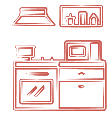 four micro-onde, table de cuisson, frigo, cafetière, grille pain, bouilloire ...