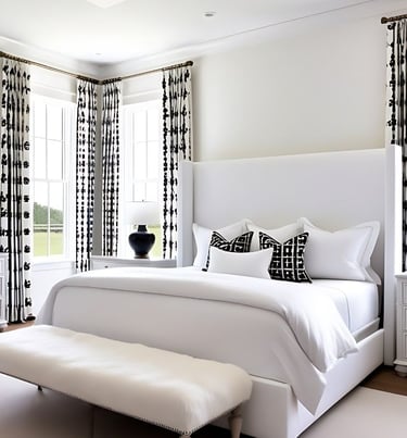 a bedroom with a white bed and a bench with a bench and a bench with