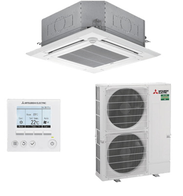 Mitsubishi Electric ceiling cassette air conditioner unit with outdoor condenser and wall controller.