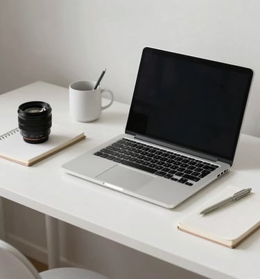 A minimalist and organized creative desk with a high-end laptop, notebook, and soft mist white decor.
