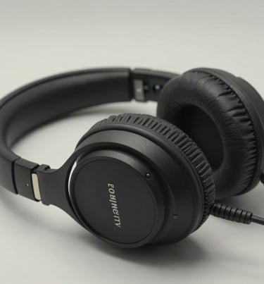 A pair of premium professional studio headphones resting on a clean, soft mist white surface with soft ambient lighting.