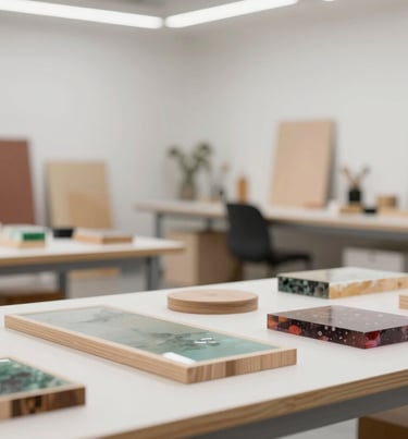 A wide, artistic photograph of a clean and modern studio space filled with handcrafted wood and resin projects, reflecting a feminine and professional creative environment.