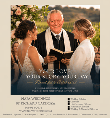 A wedding officiant performs a Napa valley outdoor ceremony for a diverse couple.