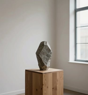 A minimalist interior shot of a single slate gray sculpture on a wooden pedestal. Natural light from a window, clean off-white walls, Global / General museum style.