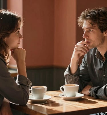 A cinematic candid shot of two people talking over coffee, warm terracotta and charcoal tones, sun-drenched cafe atmosphere.