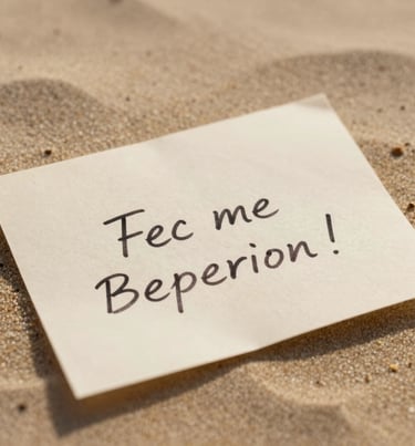 A cinematic detail shot of a hand-written note on soft sand paper, earthy brown ink, warm and inviting photography.