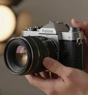 A detailed shot of a photographer's hand adjusting a vintage film camera lens, warm North American / US indoor studio lighting, professional and artistic.