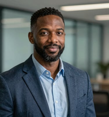 A professional portrait of George Byrd in business casual attire, looking confident and approachable. Background is a blurred modern office with muted teal and soft steel blue accents.