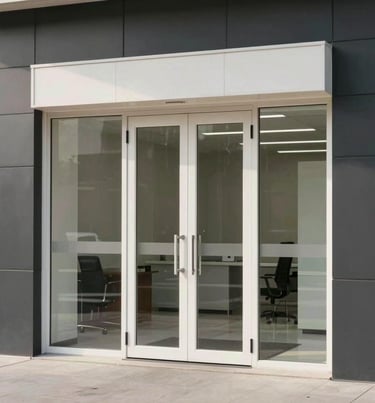 A clean, minimalist image of a secure office entrance with glass and steel. Colors are dominated by off-white and dark slate grey, conveying trust and reliability.