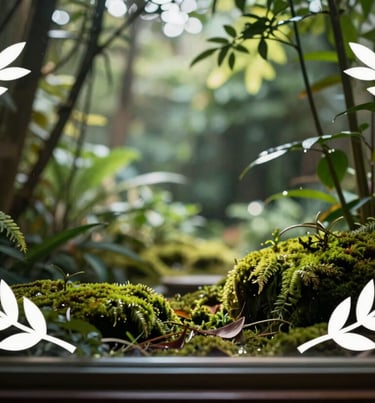 A soft-focus, atmospheric image of a sunlit garden visible through a studio window, with the silhouettes of indoor plants in moss green tones creating a sense of peace.