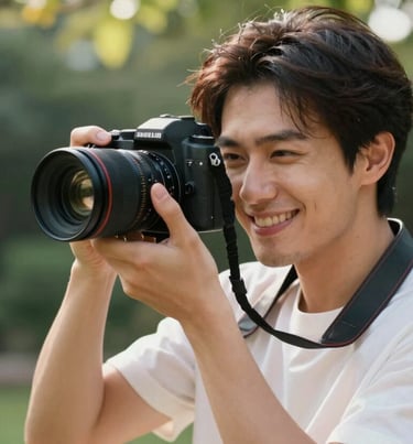 A candid portrait of the photographer holding a camera, smiling warmly in a sun-drenched garden setting.