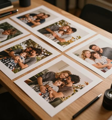 An overhead shot of a photography workstation with prints of family sessions spread out, surrounded by warm light.