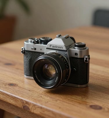 Detail shot of a vintage camera sitting on a wooden table in a North American studio, warm natural light, cinematic still life atmosphere.