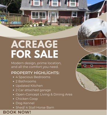 Red real estate acreage for sale in Baxter, Iowa with 4-stall horse barn and chicken coop.