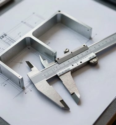 An overhead shot of a technical drawing showing a complex metal partition design, with a pair of professional calipers resting on the paper. High-end, technical, and precise.