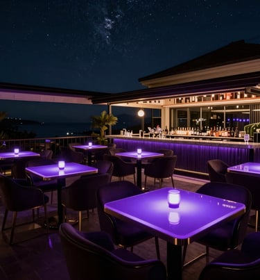 Artistic nighttime photography of an exclusive terrace bar with glowing electric purple tables and dark luxurious styling, under starry global skies.