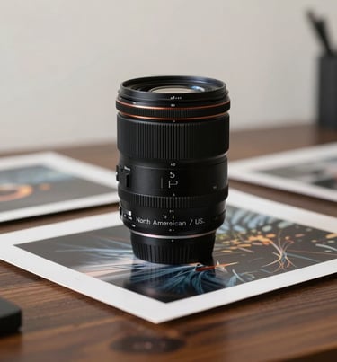 Artistic detail of a camera lens and fine art prints on a dark wooden table in a professional Buffalo, NY studio, soft off-white ambient light, North American / US setting.
