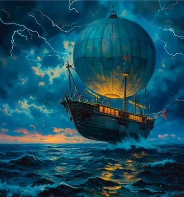 Digital fantasy painting of a steampunk airship sailing through a stormy night sky with lightning.